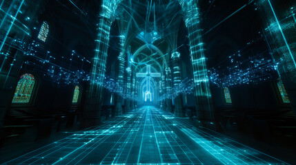 The hologram of the christian church with cross made of blue neon light and compound structure.Modern wireframe illustration concept .
