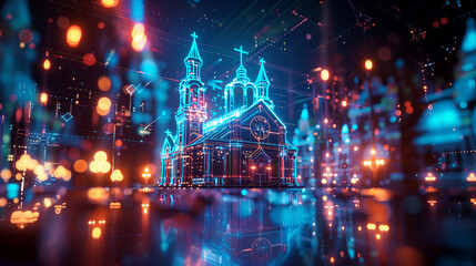 Fototapeta premium The hologram of the christian church with cross made of blue neon light and compound structure.Modern wireframe illustration concept .