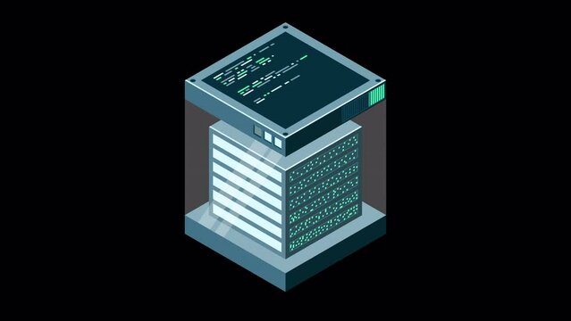Isometric futuristic server animation. Isometric database or data center. Abstract blockchain. Computer storage. Cloud storage. Transparent background with alpha channel