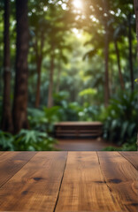 The empty wooden table top with blur background of amazon rainforest exuberant. Nature-Themed Wooden Tabletop with Rainforest Background