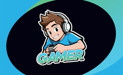 Cartoon character, mascot logo, gamer boy in vector.