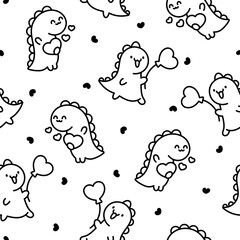 Cute smiling kawaii dinosaur. Seamless pattern. Coloring Page. Cartoon funny dino characters. Hand drawn style. Vector drawing. Design ornaments.