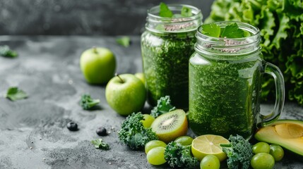 Glass jar mugs filled with a vibrant green health smoothie