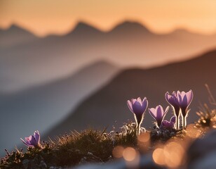 The first rays of light cresting over a mountain peak with the foreground of mountain flowers