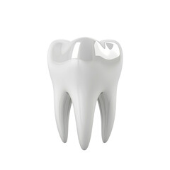 3D rendering of a shiny white tooth on a black background. The tooth is in focus and has a reflective surface.