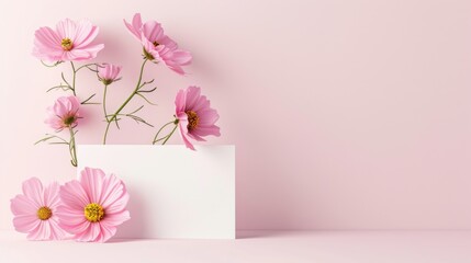 Elegant Pink Cosmos Flowers with Blank White Card on Pastel Background