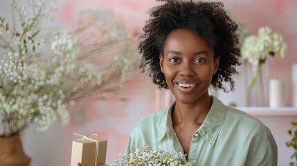 Radiant Woman with Flowers and Gift in Springtime Setting