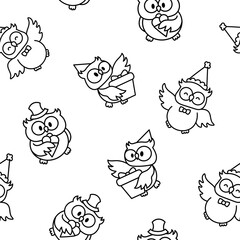 Cartoon happy owl characters. Seamless pattern. Coloring Page. Cute kawaii forest birds. Hand drawn style. Vector drawing. Design ornaments.