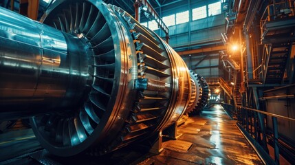 The internal rotor of a steam turbine, captured in a workshop setting, showcasing its complex machinery and metallic components