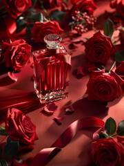 Red Perfume Bottle Amidst a Sea of Roses with Intricate Ribbon Details on a Satin Surface