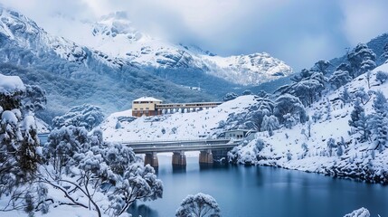 A snowy hydroelectric power plant nestled among snow-covered mountains, showcasing the blend of technology and natural landscape