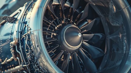 Close-up view of a turbojet engine on an airplane, highlighting the intricate details of its mechanical components and design