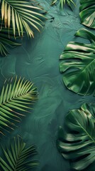 Mood board, green and natural leaves on green background
