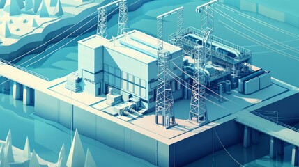 An intricately designed vector isometric view of a hydroelectric power station, complete with detailed power lines
