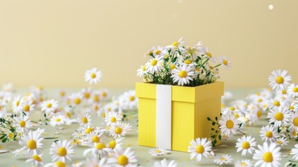 Fresh Spring Daisy Flowers Overflowing from Yellow Gift Box