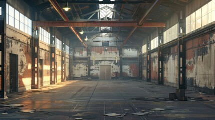 Fototapeta premium An expansive view inside a warehouse, highlighting its large space and industrial atmosphere.