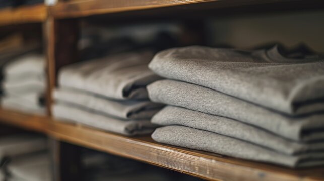 A stack of folded gray t-shirts mockup on a shelf in a store