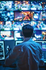 Obraz premium A modern control room equipped with advanced Video Management System software empowers security personnel to monitor and manage multiple surveillance cameras simultaneously 