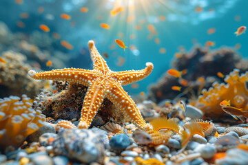 Starfish center stage vibrant coral reefs under sunlight. Marine life, diver blurred background