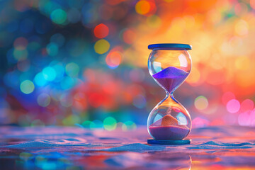 Hourglass sand timer amid vibrant bokeh lights, capturing essence of fleeting time