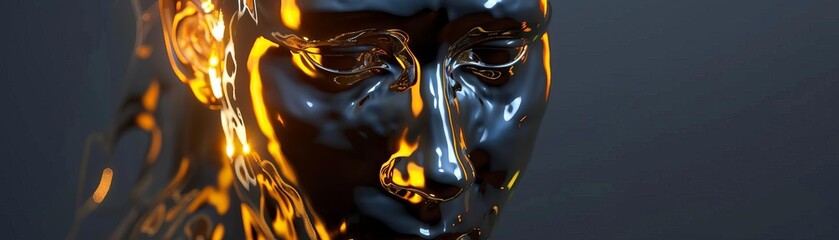 Faceless Glowing Serum Sculpture A faceless sculpture made of glowing hotmetal serum shines brightly against a dark canvas