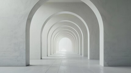 Modern white arched hallway architecture, minimal futuristic