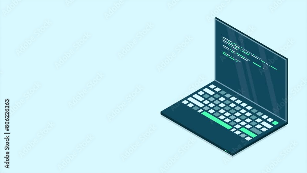 Poster Isometric laptop animation. 3d isometric laptop computer. Abstract programming language and program code on a laptop screen. 4K video animated in isometric style