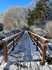 wooden bridge in winter forest