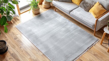 Minimalist living room with a blank rug mockup