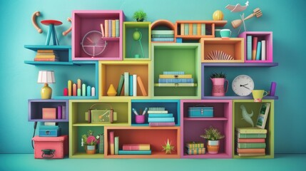 A vibrant display of shelves filled with various home-related objects, showcasing an array of colors and designs