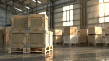 An industrial delivery concept showing boxes stacked on a pallet in a warehouse, symbolizing logistics and distribution