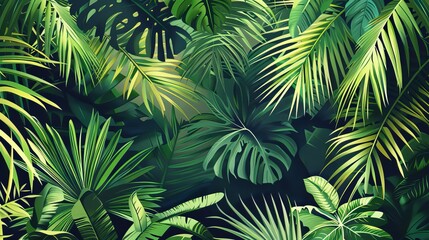 A vibrant vector wallpaper design featuring a lush jungle scene with various tropical trees and plants