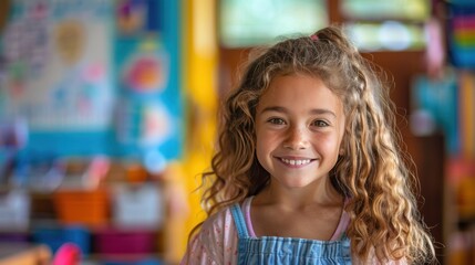 A young girl grins with delight as she participates in an art class. Her smile reflects her joy as she explores self-expression.