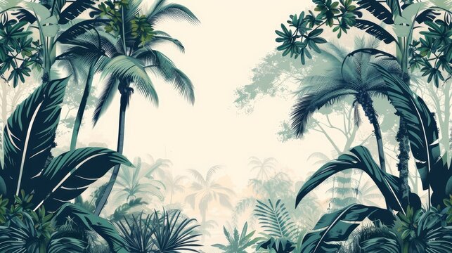 A vibrant vector wallpaper design featuring a lush jungle scene with various tropical trees and plants