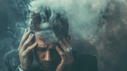 Obraz premium A depressed office man appears on the screen with a laptop in a state of confusion or contemplation while smoke or steam floats above him. mentally ill man stress and anxiety