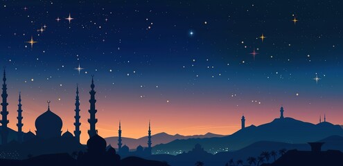 Silhouette of the city with minarets and domes at night, Ramadan background.