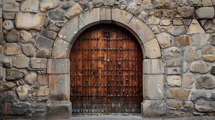Fototapeta na wymiar A large wooden door swings open within the rock castle wall.