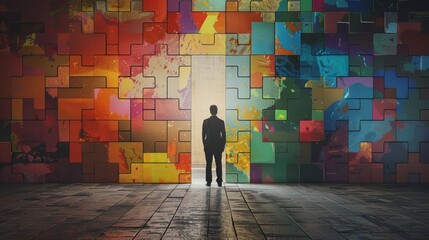 A man stands before an abstract, colorful puzzle door in an interior setting, representing concepts of future, choice, success, direction, opportunity, and solution.