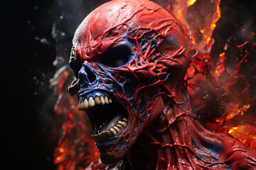 A close-up of a red skull with a fiery background