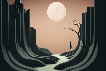 A lone person stands before a leafless tree, with a large moon hanging over a surreal, curving cityscape