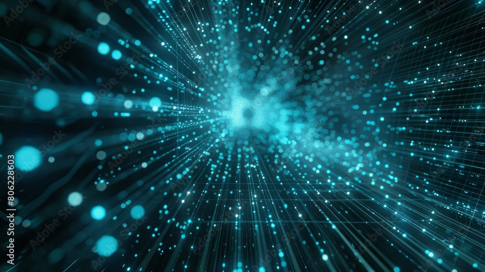 Poster a 3d rendering of a digital matrix composed of particles forming a grid, representing a virtual real
