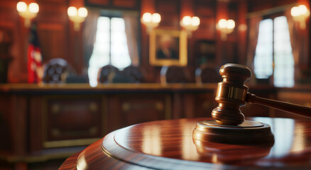 A wooden gavel sits on a wooden table in a courtroom. The gavel is surrounded by a lot of light,...