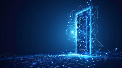 Open door at digital path, futuristic science fiction concept of doorway. Technology portal in a polygonal wireframe glowing style. Vector illustration on a blue background