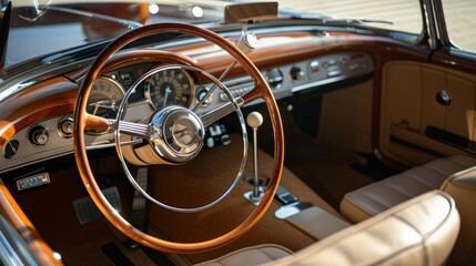 Inside a luxury retro cabriolet, a wooden and steel steering wheel complements the beige leather interior, parked in a garage