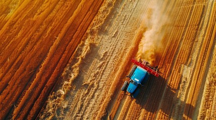 Aerial Shot: Harvester Working on Field. Digitalization of the Crops Growing Efficiency with AI Data Analysis. Futuristic Agriculture Concept of Computerized, Eco, Sustainable Harvesting Solution