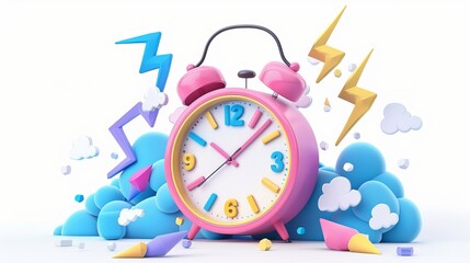 3D render alarm clock hurry up, ringing watches with flash lightnings. Morning alert, time countdown, last chance sale or deadline concept, Illustration in cartoon plastic style on white background