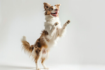 Portrait of cute small dog, CHIHUAHUA standing on hind legs, dancing isolated over white background. Concept of domestic animal, pet friend, care, motion, vet. Copy space for ad, flyer