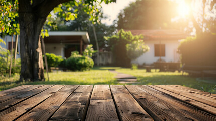 Fototapeta premium a wood table space with home backyard, blurred background for advertising template