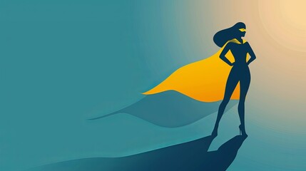 Businesswoman with shadow of superhero. Concept of power, leadership and confident. Business woman is super hero with strong motivation. Career of leader. Icon of invincible person. Vector