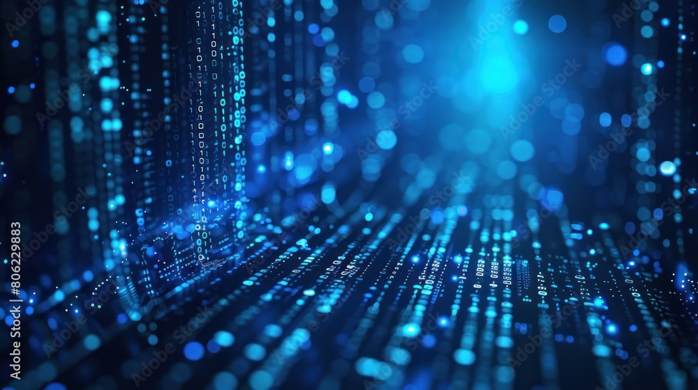 Poster a digital visualization of a vast data network, highlighted in shades of dark and blue, representing